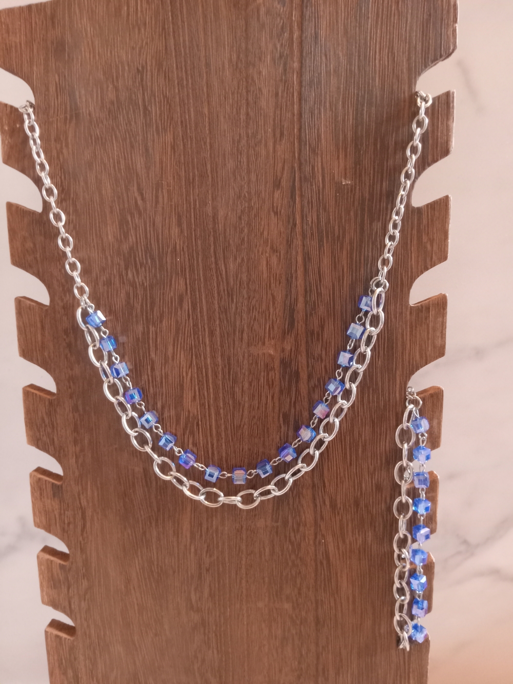 Silver Tone Chain Necklace with Blue  Crystal Like Accents And Matching Bracelet